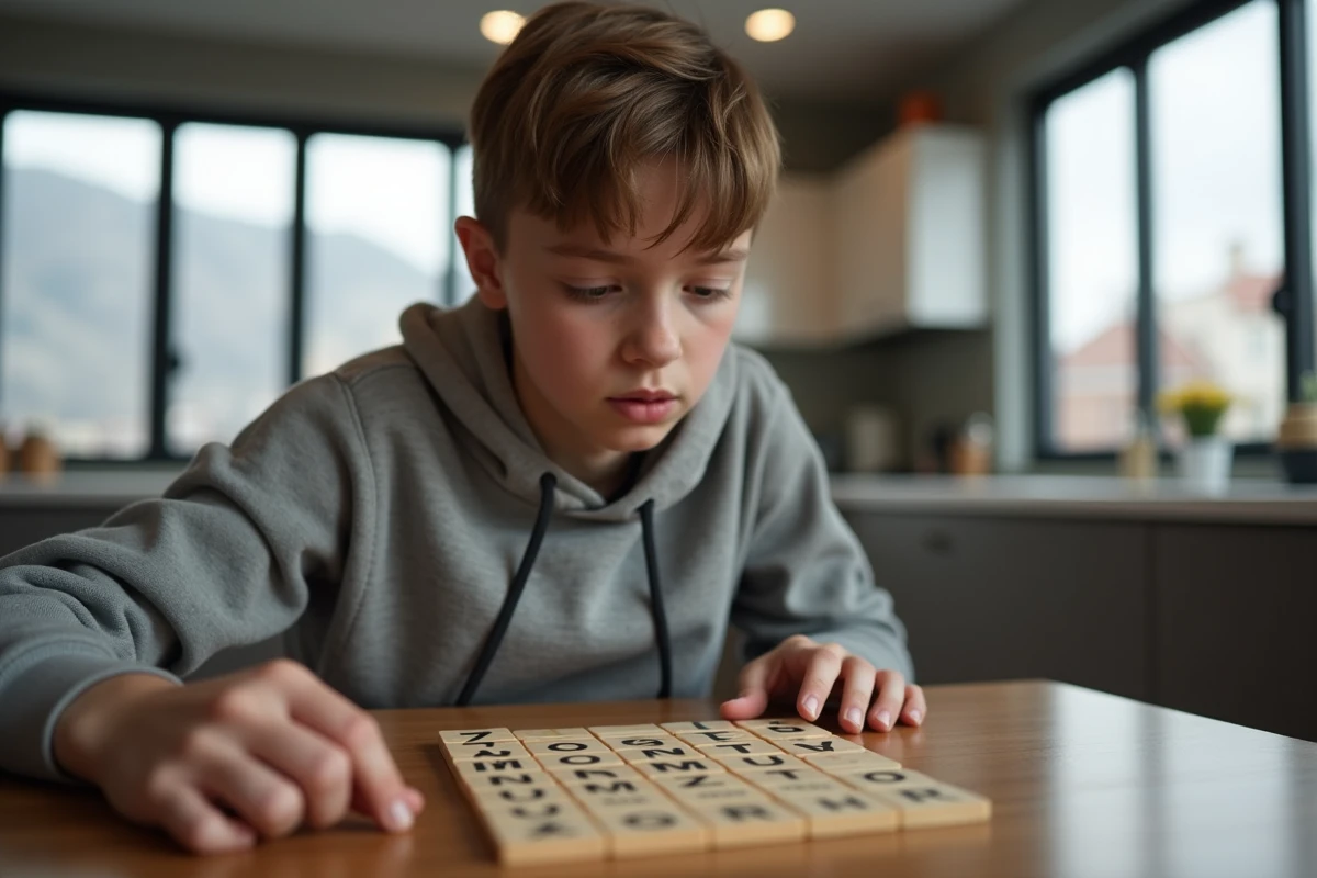 Adolescent concentré jouant au Scrabble dans une cuisine moderne