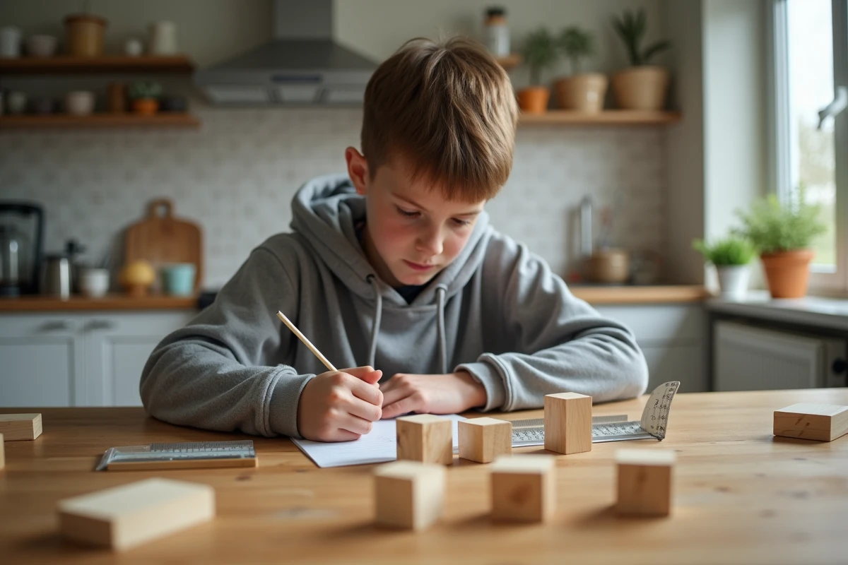 Adolescent mesure des blocs en bois à la maison