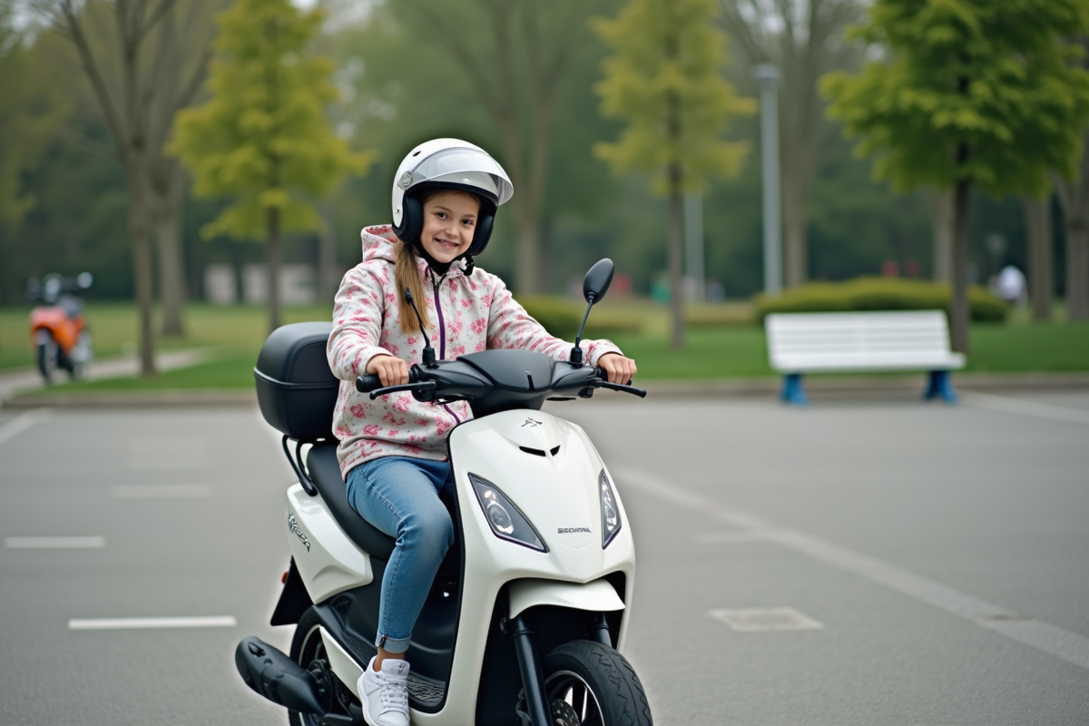 Adolescente sur scooter dans parc suburbain