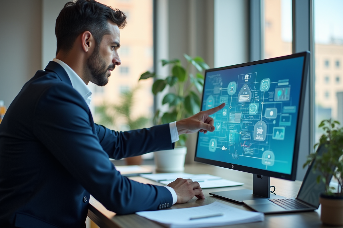 Employe municipal utilisant une application sur ecran tactile dans un bureau lumineux