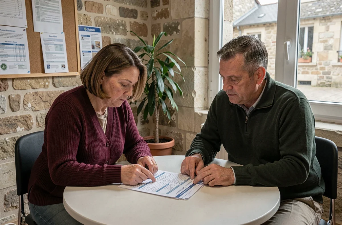 Deux agents territoriaux discutant des différences de grilles salariales autour d'un document dans une mairie française
