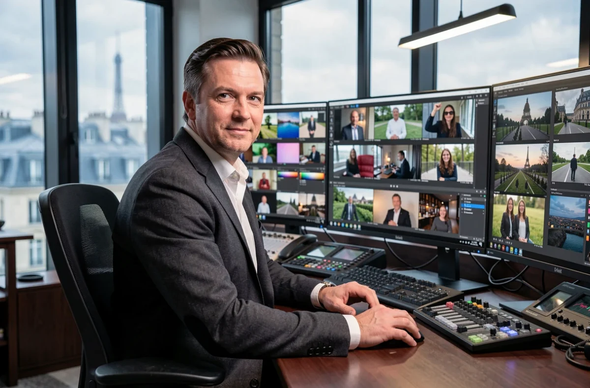 Producteur d'Alexis Gilli Productions travaillant sur un poste de montage professionnel dans un bureau parisien haut de gamme