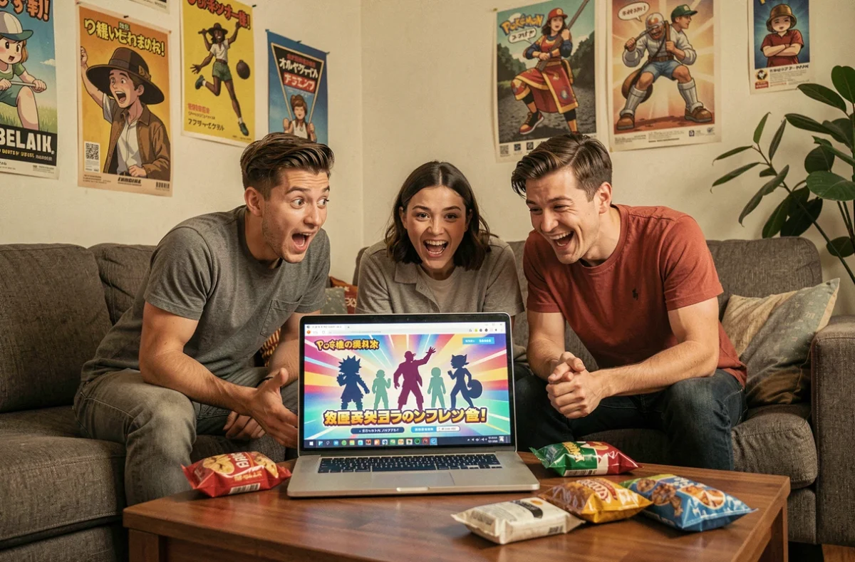 Groupe d'amis réunis dans un salon pour suivre ensemble les annonces en direct de Pokémon 2026 sur un ordinateur portable