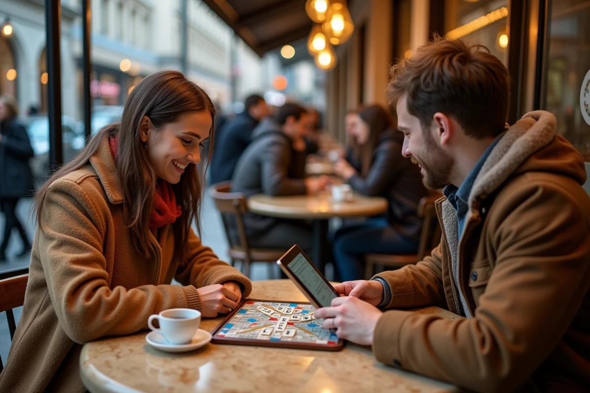 Deux amis vérifiant un mot Scrabble à trois lettres sur une tablette dans un café parisien