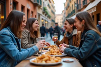 Groupe d'amis dégustant des tapas dans une rue de Toulouse