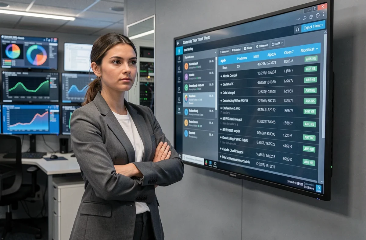Analyste cybersécurité examinant un tableau de bord de réputation d'adresses IP incluant aipdb dans un centre d'opérations réseau