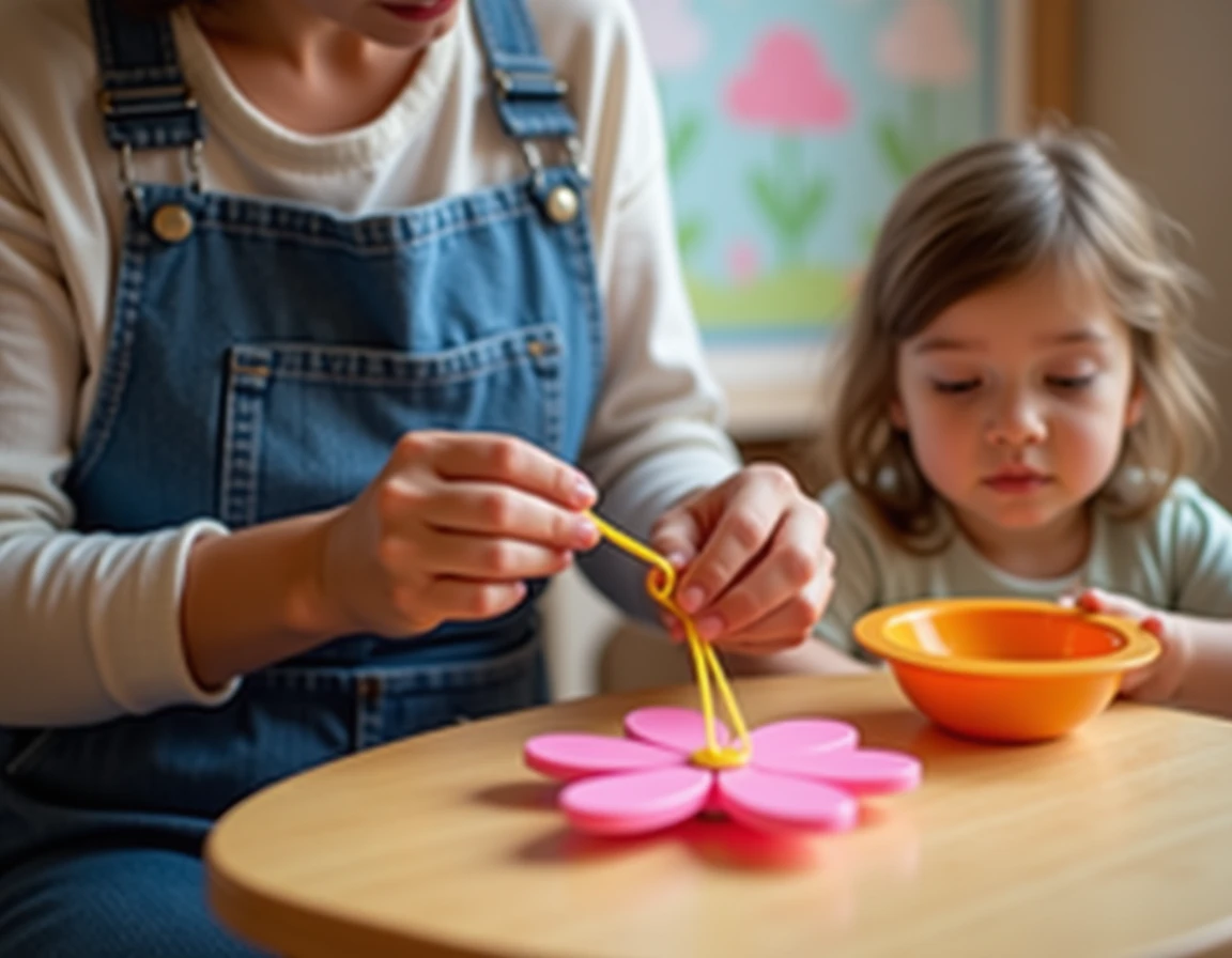 Animatrice démontrant la technique de tressage d'une fleur en scoubidou à une enfant lors d'un atelier créatif