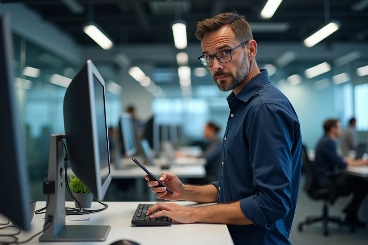 Homme en entreprise cherchant à identifier l'origine d'un appel professionnel grâce à un annuaire téléphonique inversé