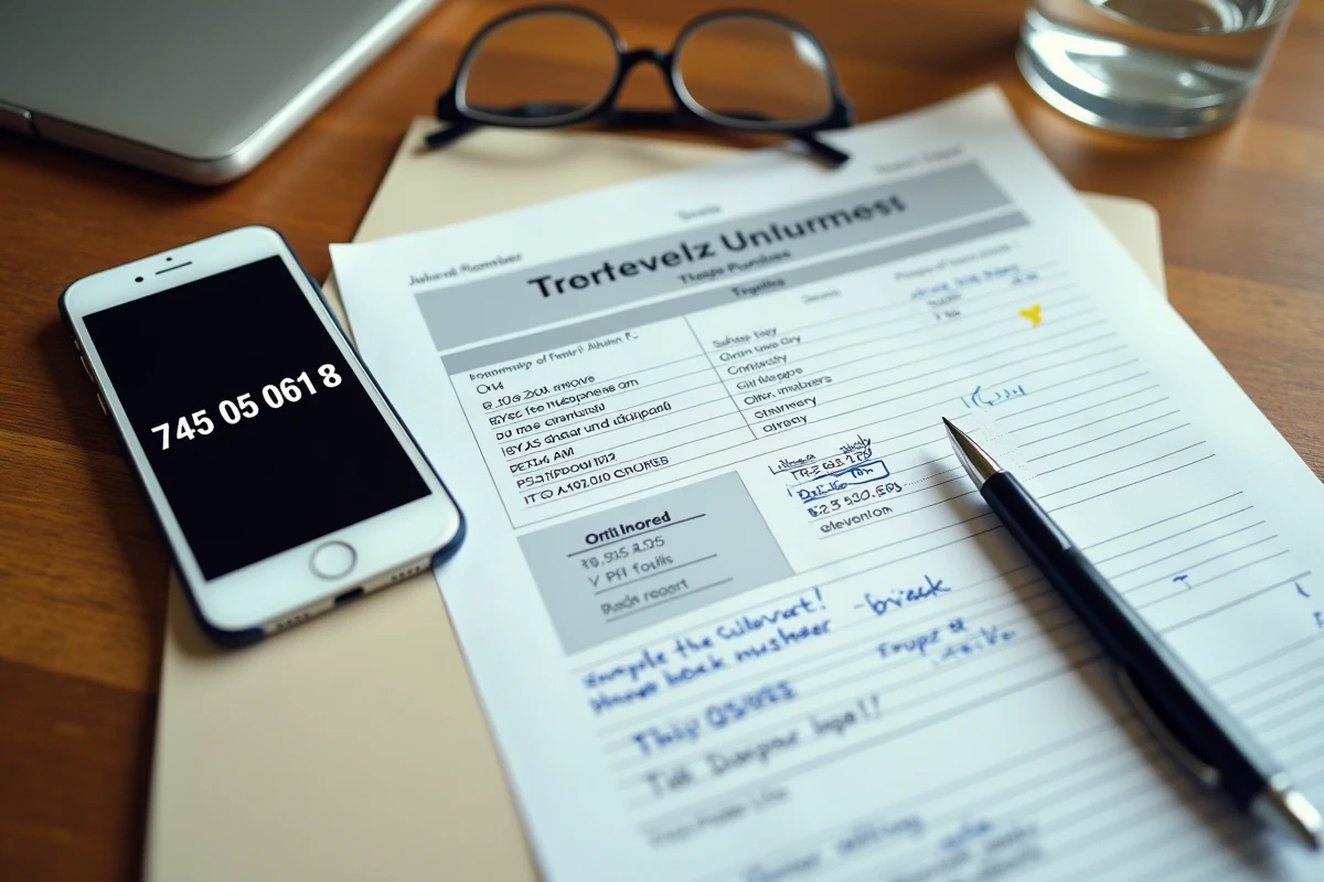 Vue de dessus d'un bureau avec smartphone affichant un numéro inconnu et résultats imprimés d'une recherche par annuaire inversé
