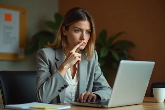 Femme consultant un annuaire inversé en ligne pour identifier une entreprise derrière un numéro de téléphone inconnu