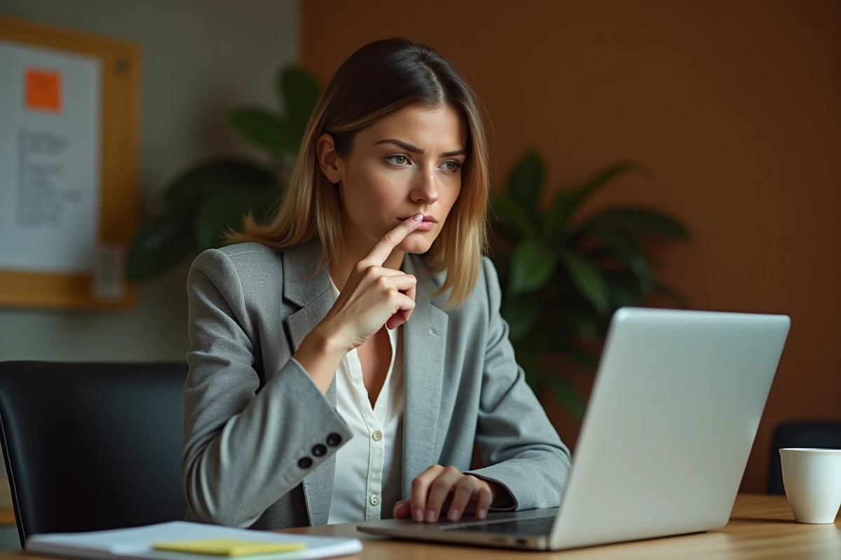 Femme consultant un annuaire inversé en ligne pour identifier une entreprise derrière un numéro de téléphone inconnu