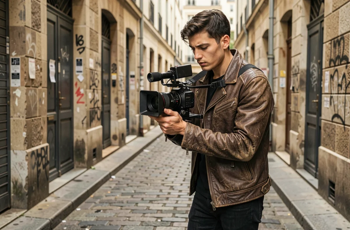 Antoine, réalisateur indépendant, préparant son matériel de tournage dans une ruelle parisienne authentique