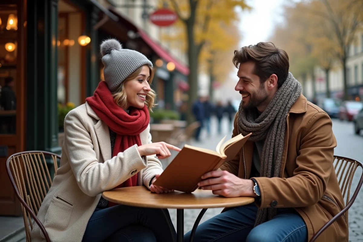 Deux personnes étudiant les synonymes français dans un guide de conversation devant un café parisien en automne