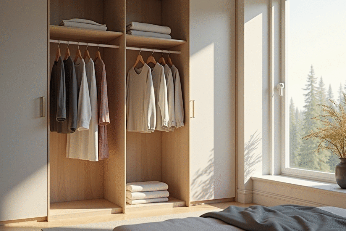 Armoire minimaliste bien organisée avec vêtements neutres