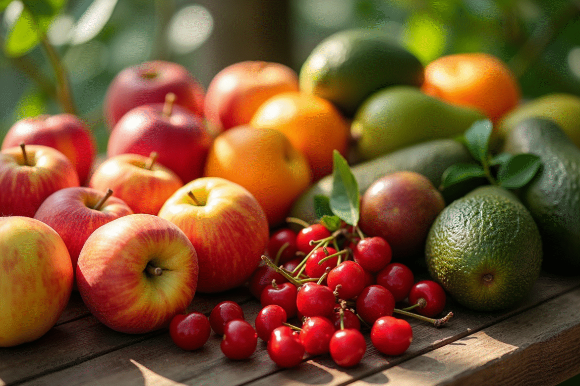 Assortiment de fruits frais sur table ensoleillée