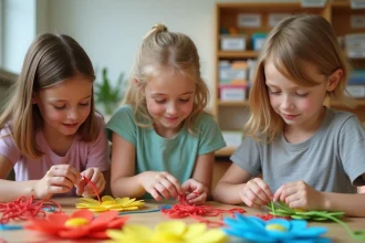 Groupe d'enfants en atelier créatif fabriquant des fleurs en scoubidou avec des fils colorés sur une table en bois