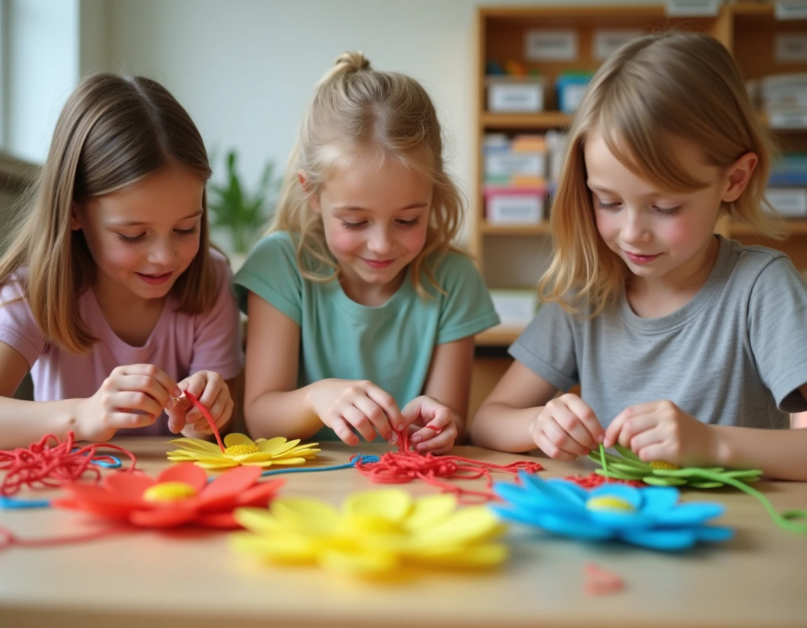 Groupe d'enfants en atelier créatif fabriquant des fleurs en scoubidou avec des fils colorés sur une table en bois
