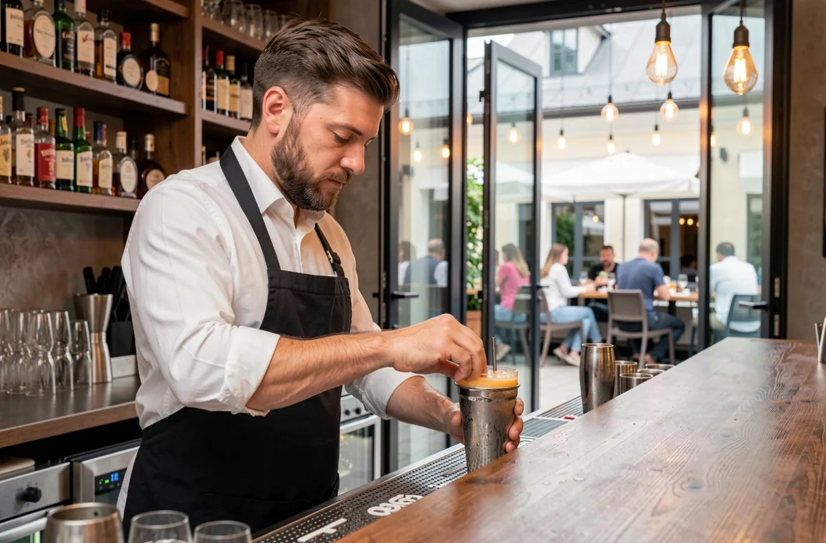 Barman préparant un cocktail dans un bar dansant à Strasbourg avec vue sur la terrasse extérieure en arrière-plan