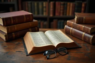 Bible ancienne reliée en cuir ouverte sur une table en chêne entourée de différentes éditions de livres classiques