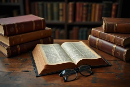 Bible ancienne reliée en cuir ouverte sur une table en chêne entourée de différentes éditions de livres classiques