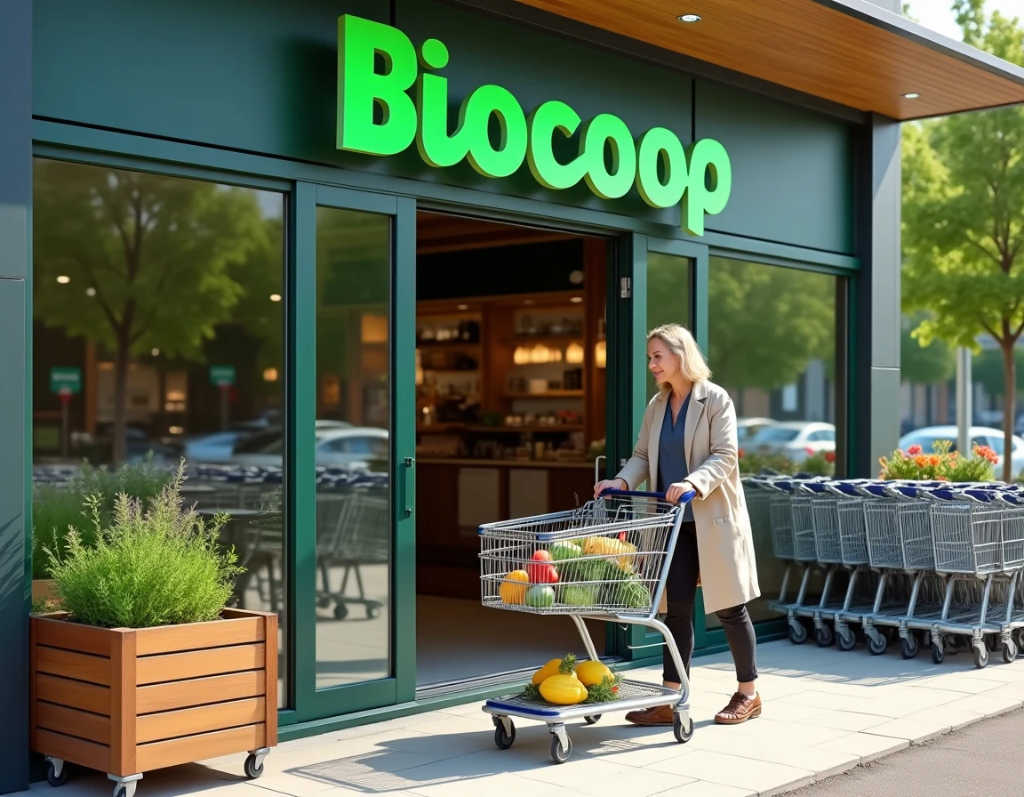 Devanture du magasin Biocoop de Claye-Souilly avec une cliente et des produits bio