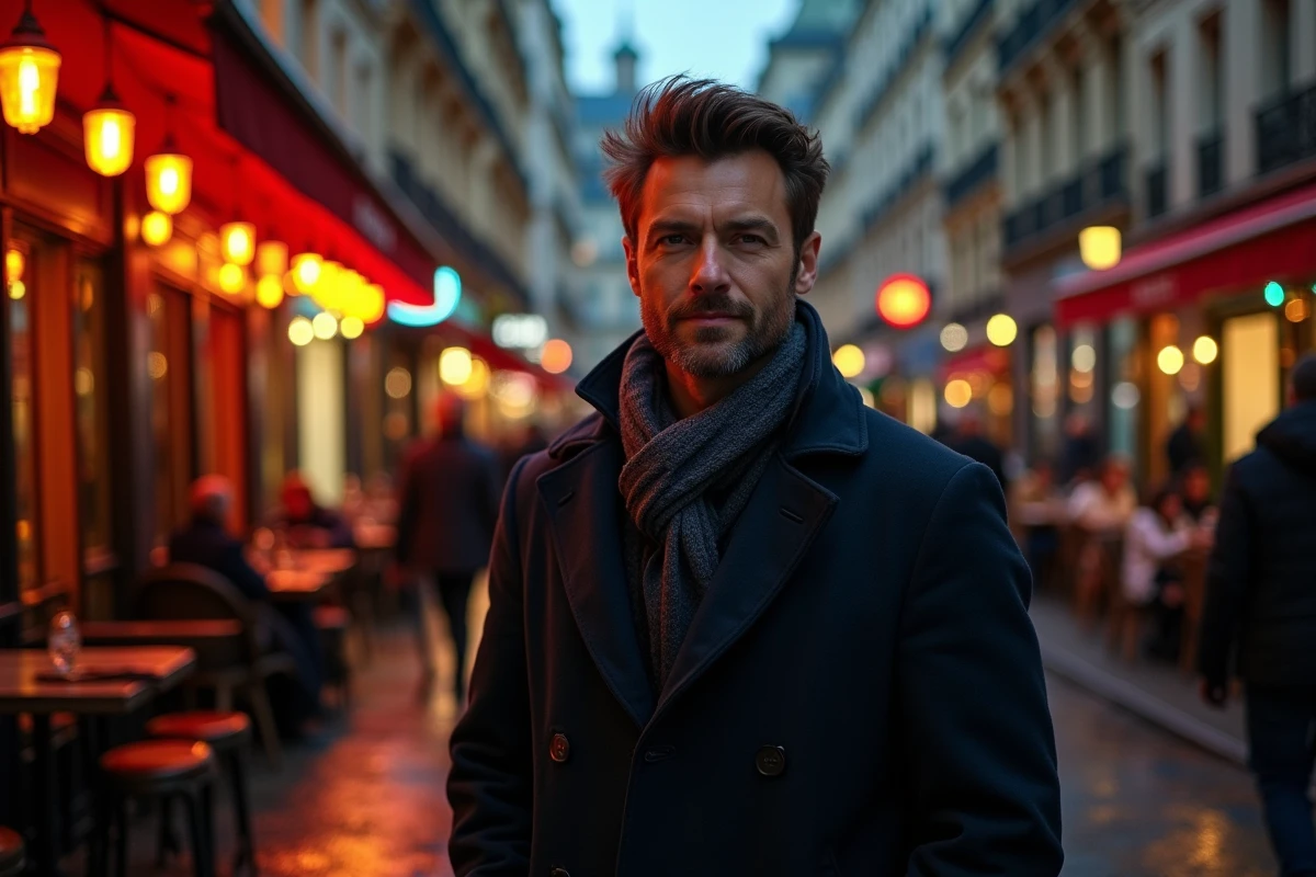 Homme élégant sur un boulevard parisien animé la nuit près d'une station de métro, restaurants et bars en terrasse en arrière-plan