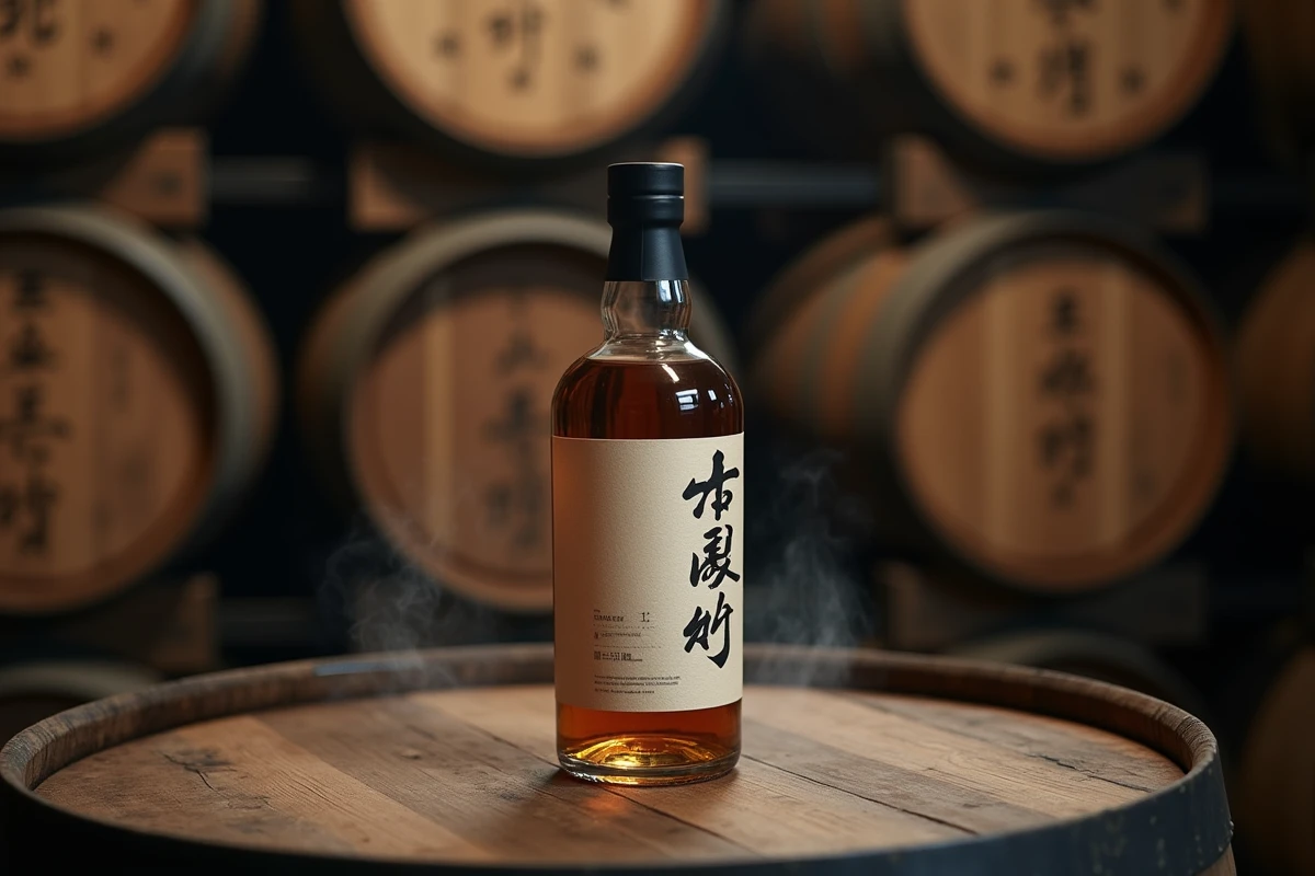 Bouteille de whisky japonais Akashi posée sur un fût de chêne dans une cave de distillerie traditionnelle