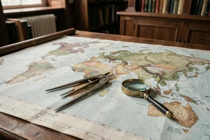 Bureau de cartographe avec des cartes physiques du monde dépliées montrant les superficies comparées de l'Europe, l'Asie et l'Afrique