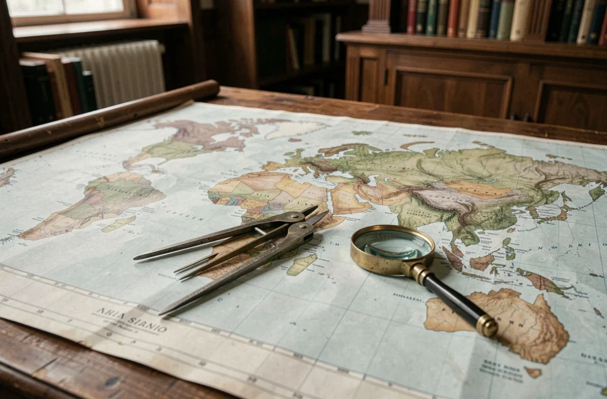 Bureau de cartographe avec des cartes physiques du monde dépliées montrant les superficies comparées de l'Europe, l'Asie et l'Afrique