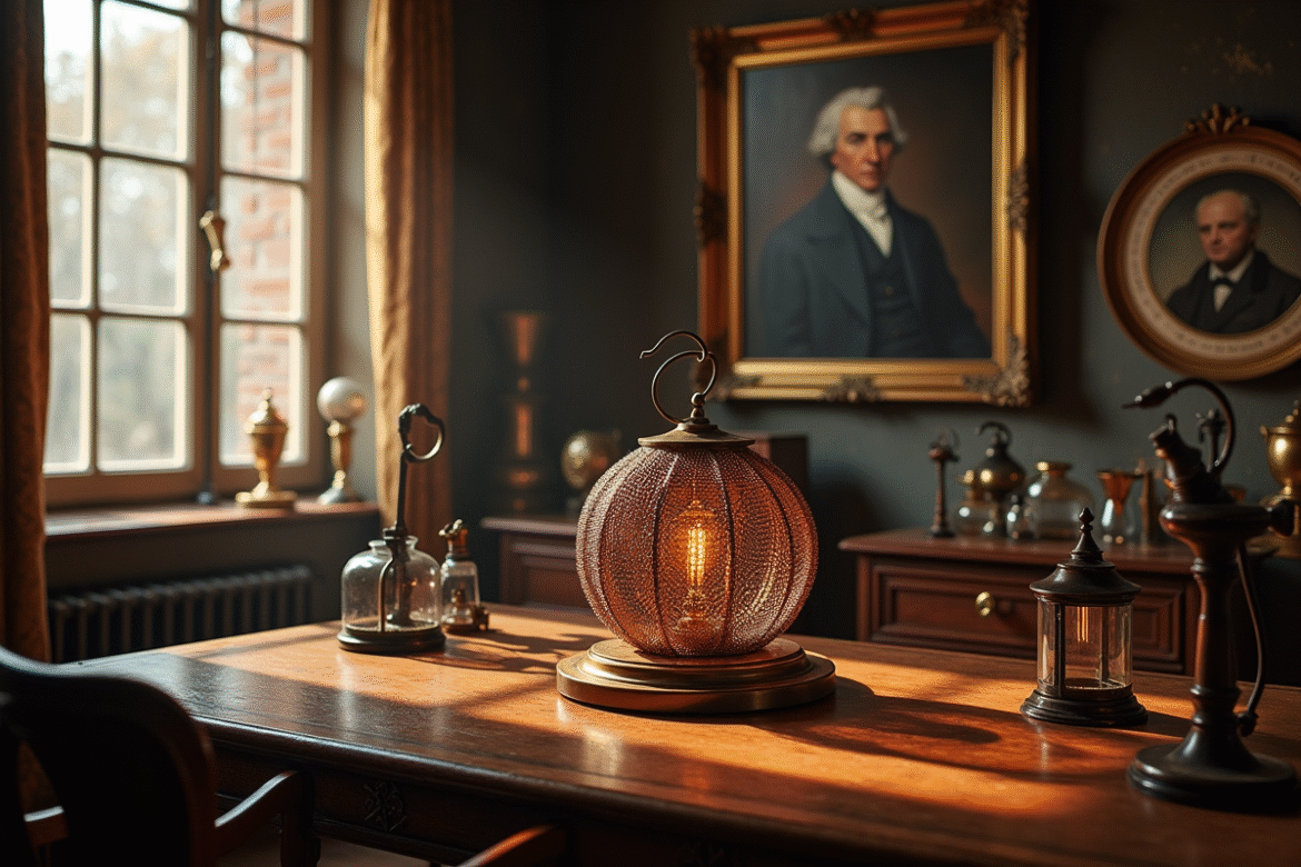 Salle d'étude ancienne avec cage de Faraday en cuivre et portrait de Faraday