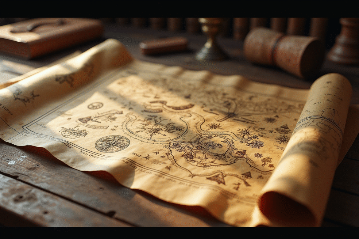 Carte pirate ancienne sur table en bois avec notes