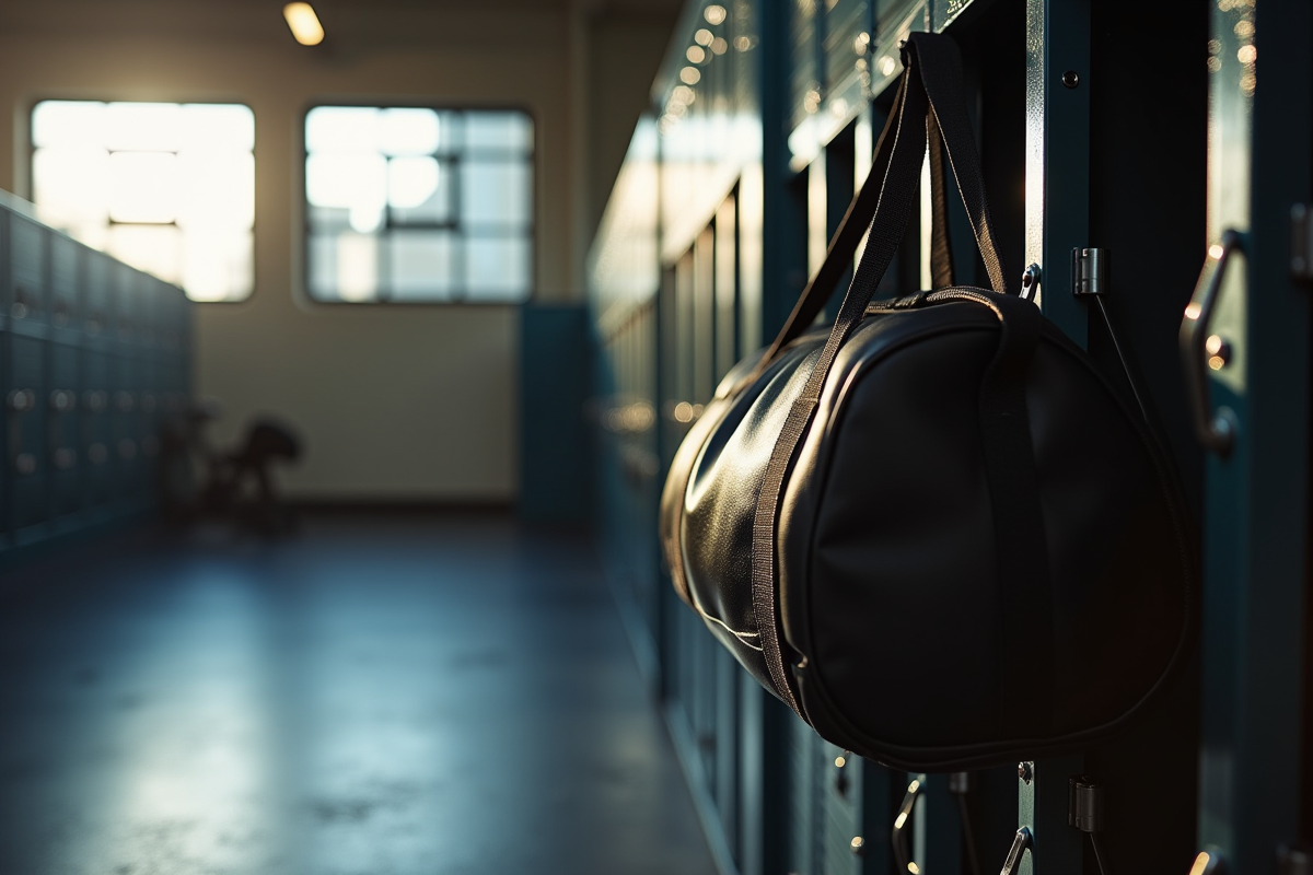 Casier de gym vide avec sac sous la lumière naturelle