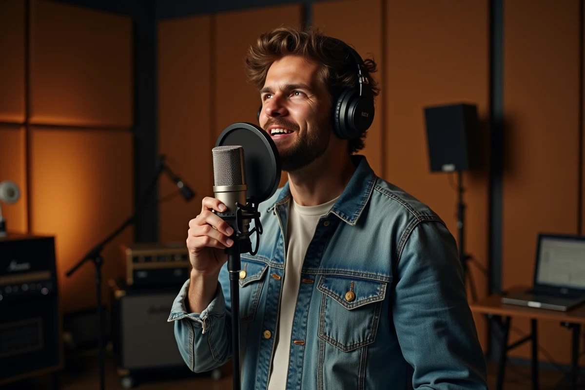 Homme en studio de musique chantant dans un studio professionnel