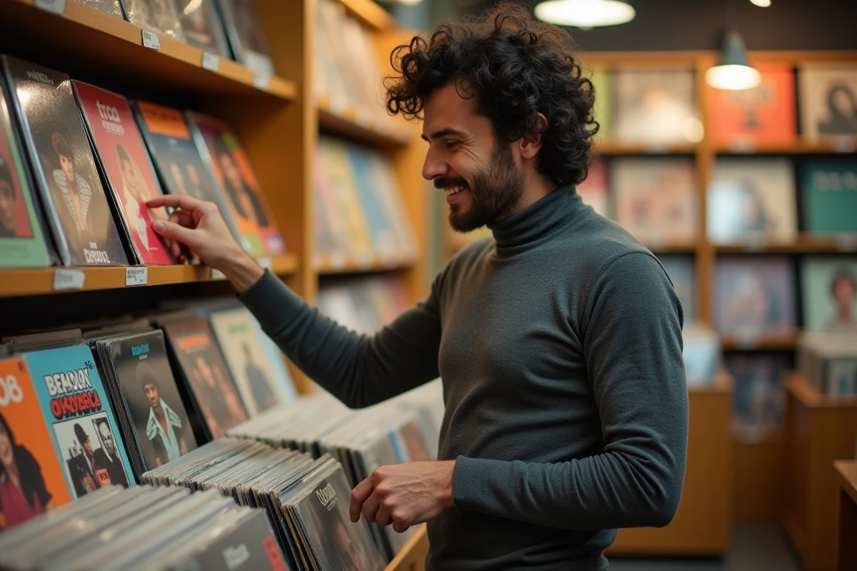 Chanteur de variété française des années 80 dans un magasin de disques tenant un vinyle avec un sourire nostalgique