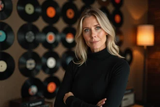 Femme artiste dans un studio de musique entourée de disques vinyles vintage, évoquant l'univers des grandes chanteuses francophones comme Lara Fabian