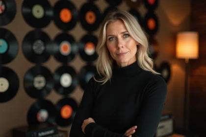 Femme artiste dans un studio de musique entourée de disques vinyles vintage, évoquant l'univers des grandes chanteuses francophones comme Lara Fabian