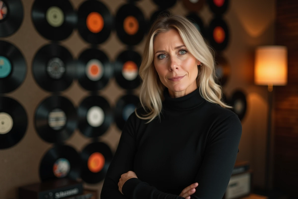 Femme artiste dans un studio de musique entourée de disques vinyles vintage, évoquant l'univers des grandes chanteuses francophones comme Lara Fabian