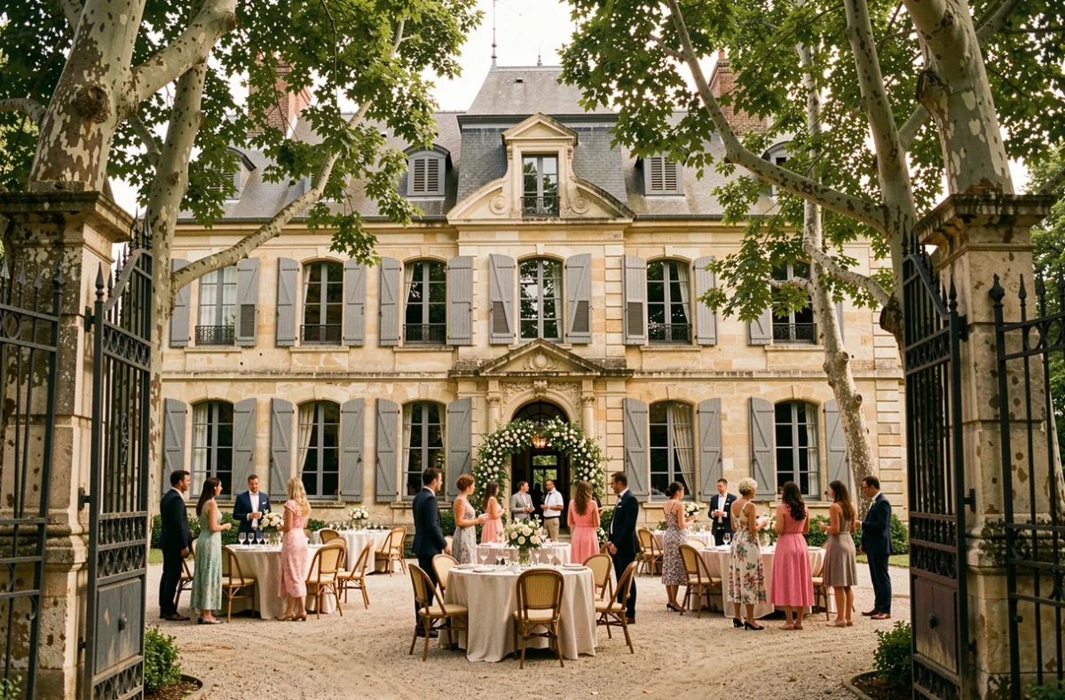 Réception de mariage champêtre dans la cour pavée du Château de Villiers-le-Bâcle avec façade en pierre du XVIIIe siècle, tables en lin et arche florale