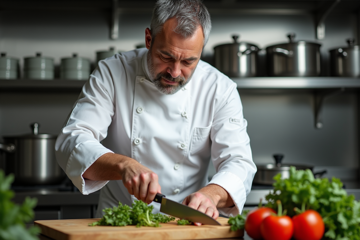 Chef en cuisine professionnelle préparant des légumes frais