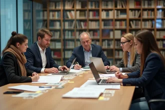 Chercheurs réunis autour d'une table de conférence dans une université française discutant de recherche engagée et de sciences sociales
