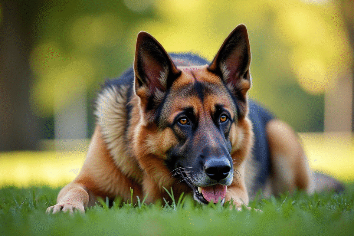 Chien berger allemand âgé reposant dans un parc ensoleille