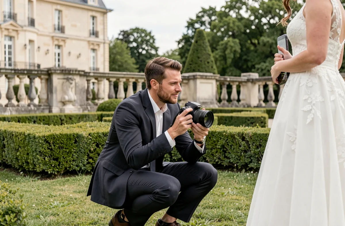 Ciezar Lab photographiant un couple de mariés dans le jardin d'un château en Île-de-France