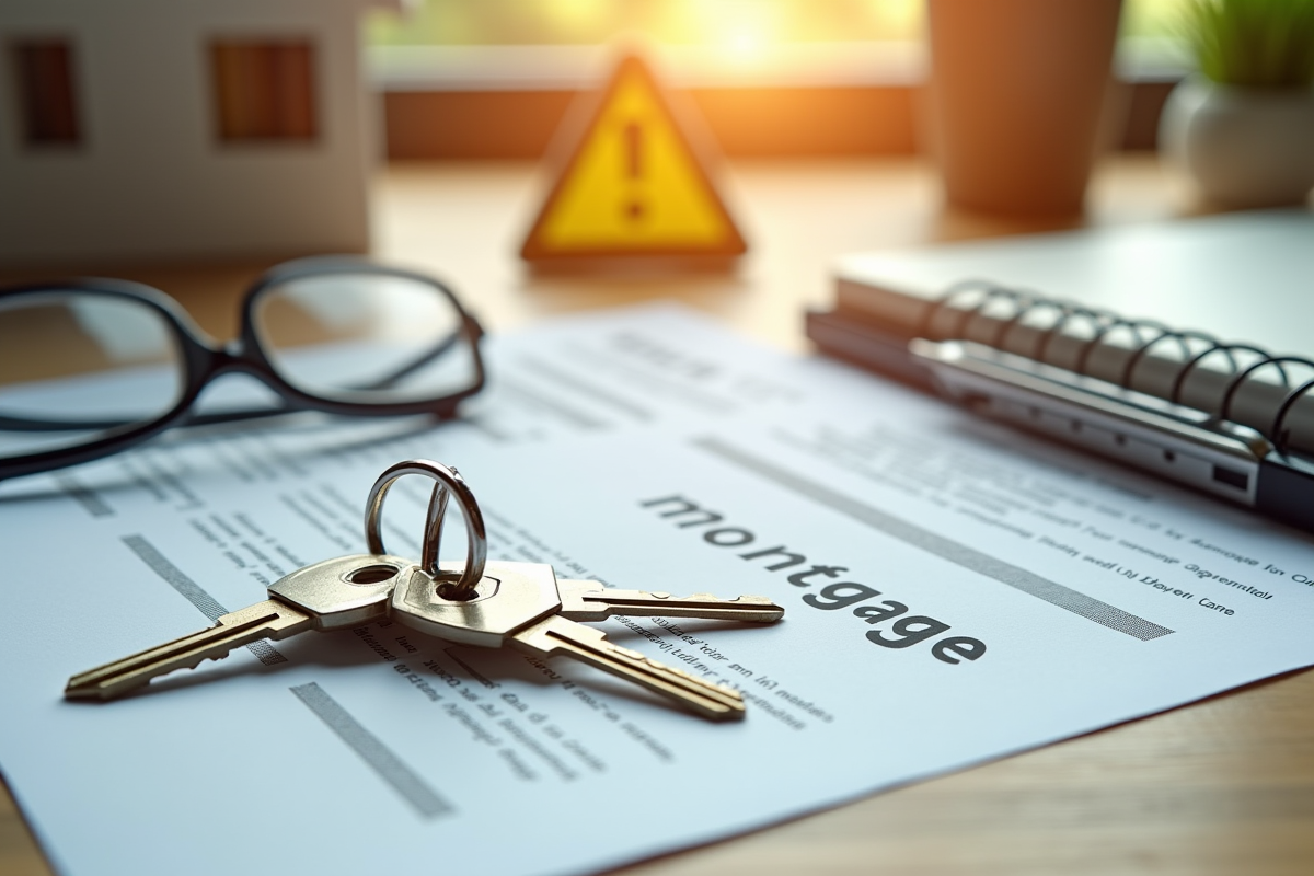 Clés de maison sur papiers de prêt immobilier avec lunettes et panneau d