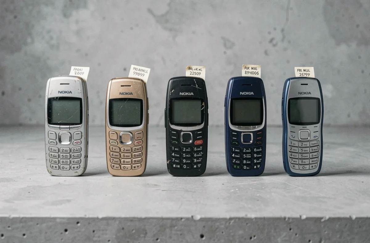 Collection de plusieurs anciens modèles Nokia alignés sur une surface en béton avec des étiquettes de prix