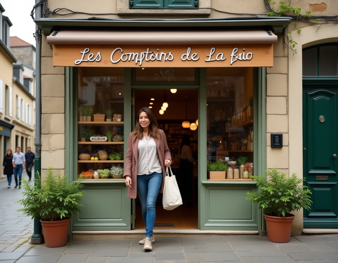 Devanture des Comptoirs de la Bio à Thorigny-sur-Marne avec une cliente portant un sac réutilisable