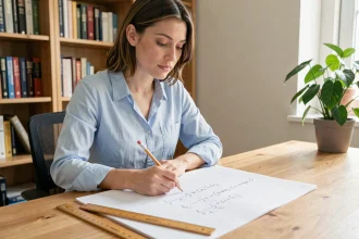 Femme calculant la conversion de hectares en mètres carrés avec une formule mathématique écrite à la main sur papier quadrillé