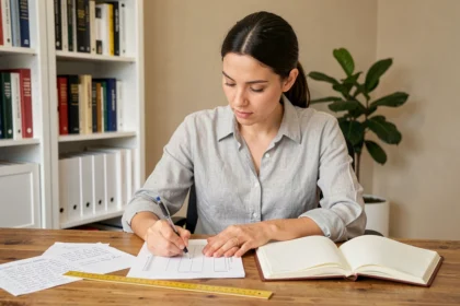 Femme convertissant des litres en mètres cubes sur un cahier de notes avec des formules de conversion manuscrites