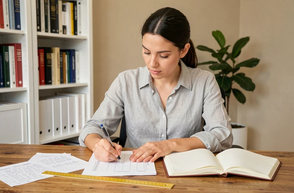 Femme convertissant des litres en mètres cubes sur un cahier de notes avec des formules de conversion manuscrites