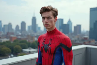 Cosplayeur en costume Amazing Spider-Man sur un toit urbain avec skyline en arrière-plan