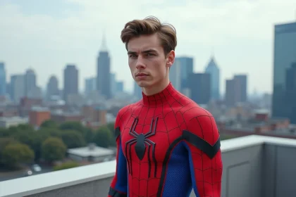 Cosplayeur en costume Amazing Spider-Man sur un toit urbain avec skyline en arrière-plan